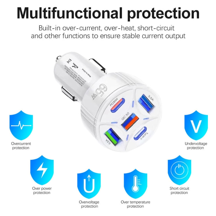 TE-P50 65W PD30W Type-C x 2 + USB x 3 Multi Port Car Charger with 1m Type-C to 8 Pin Data Cable(White) - Car Charger by PMC TechLife | Online Shopping South Africa | PMC TechLife | Buy Now Pay Later Mobicred