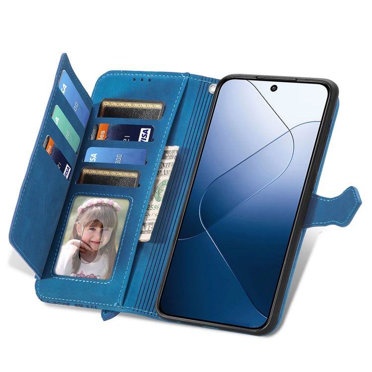 For Xiaomi 14 Embossed Flower Zipper Leather Phone Case(Blue) - 14 Cases by PMC TechLife | Online Shopping South Africa | PMC TechLife | Buy Now Pay Later Mobicred