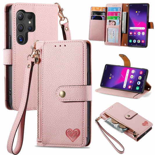 For Samsung Galaxy S24 Ultra 5G Love Zipper Lanyard Leather Phone Case(Pink) - Galaxy S24 Ultra 5G Cases by PMC Jewellery | Online Shopping South Africa | PMC Jewellery | Buy Now Pay Later Mobicred