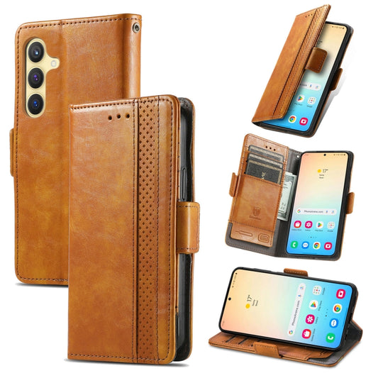 For Samsung Galaxy S25 5G CaseNeo Splicing Dual Magnetic Buckle Leather Phone Case(Khaki) - Galaxy S25 5G Cases by CaseNeo | Online Shopping South Africa | PMC Jewellery | Buy Now Pay Later Mobicred