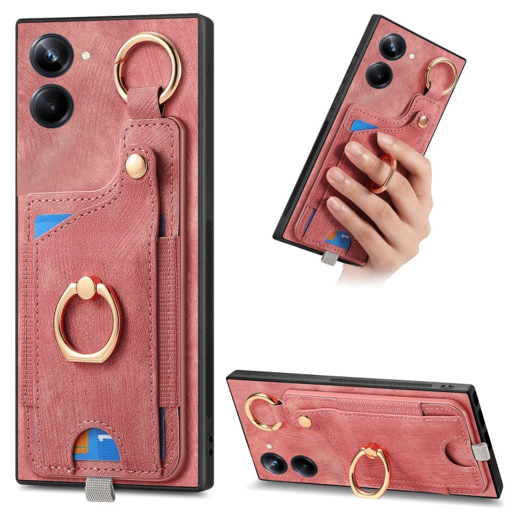 For Realme 10 Pro Retro Skin-feel Ring Card Bag Phone Case with Hang Loop(Pink) - free shipping - PMC TechLife - Order now!