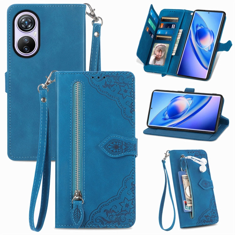 For Blackview A200 Pro Embossed Flower Zipper Leather Phone Case(Blue) - More Brand by PMC TechLife | Online Shopping South Africa | PMC TechLife