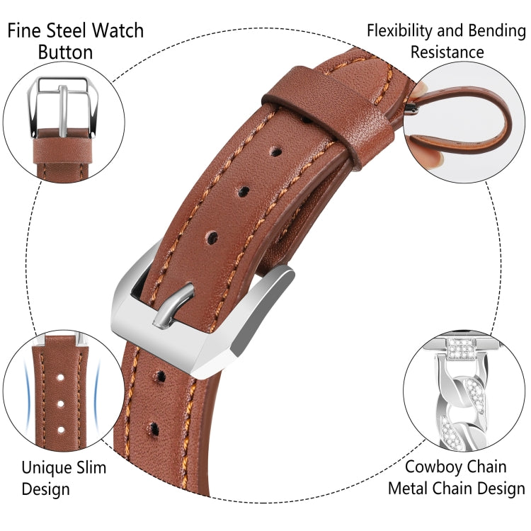 For Apple Watch Series 3 38mm Rhinestone Denim Chain Leather Watch Band(Brown) - Watch Bands by PMC Jewellery | Online Shopping South Africa | PMC Jewellery