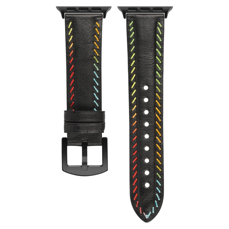 For Apple Watch Ultra 2 49mm Colorful Sewing Thread Leather Watch Band(Black) - Watch Bands by PMC TechLife | Online Shopping South Africa | PMC TechLife | Buy Now Pay Later Mobicred