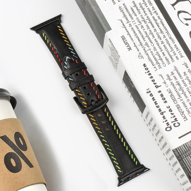 For Apple Watch Ultra 2 49mm Colorful Sewing Thread Leather Watch Band(Black) - Watch Bands by PMC TechLife | Online Shopping South Africa | PMC TechLife | Buy Now Pay Later Mobicred