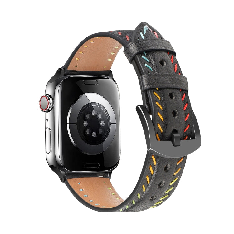 For Apple Watch Series 9 45mm Colorful Sewing Thread Leather Watch Band(Black) - Watch Bands by PMC TechLife | Online Shopping South Africa | PMC TechLife | Buy Now Pay Later Mobicred