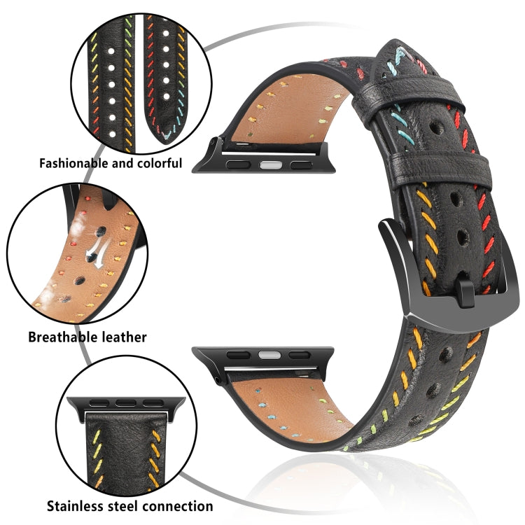 For Apple Watch Series 8 41mm Colorful Sewing Thread Leather Watch Band(Black) - Watch Bands by PMC Jewellery | Online Shopping South Africa | PMC Jewellery