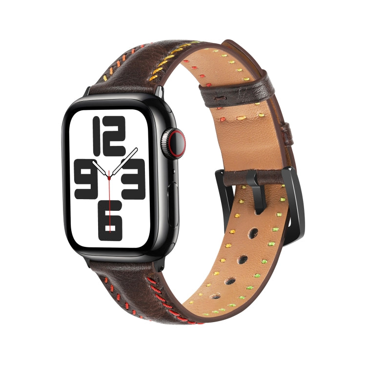 For Apple Watch Series 8 45mm Colorful Sewing Thread Leather Watch Band(Dark Brown) - Watch Bands by PMC Jewellery | Online Shopping South Africa | PMC Jewellery