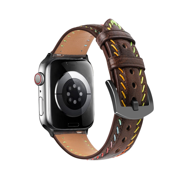 For Apple Watch Series 8 45mm Colorful Sewing Thread Leather Watch Band(Dark Brown) - Watch Bands by PMC Jewellery | Online Shopping South Africa | PMC Jewellery