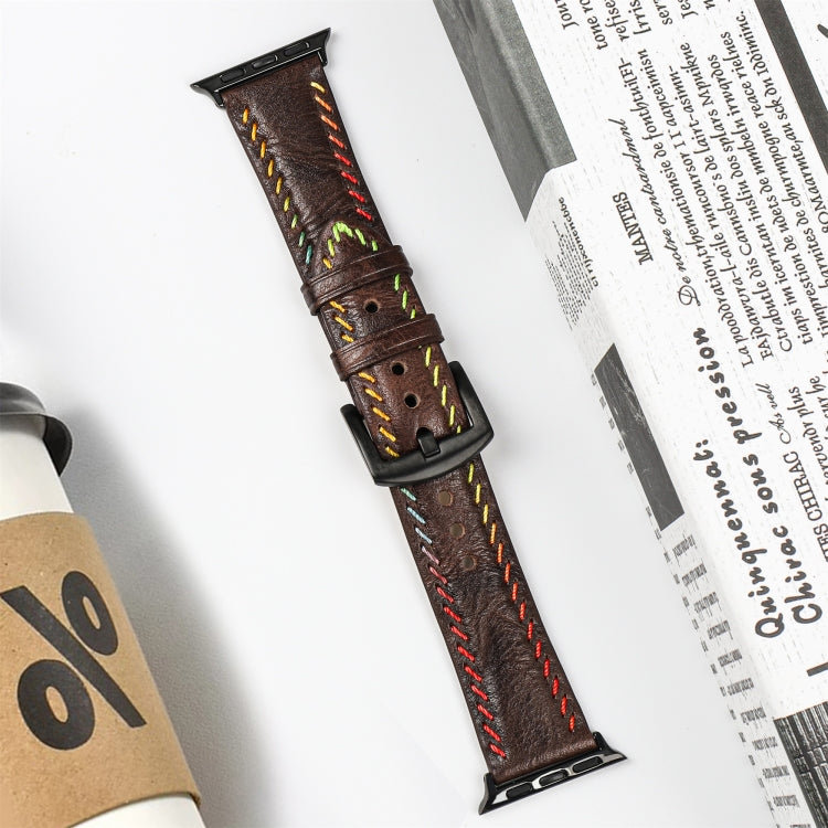 For Apple Watch Series 6 44mm Colorful Sewing Thread Leather Watch Band(Dark Brown) - Watch Bands by PMC TechLife | Online Shopping South Africa | PMC TechLife