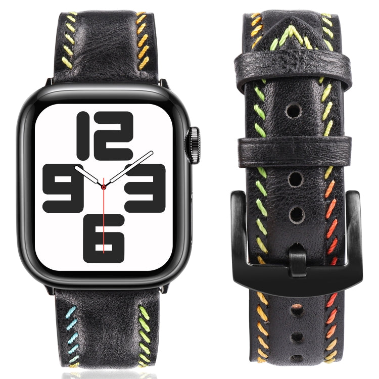 For  Apple Watch Series 5 44mm Colorful Sewing Thread Leather Watch Band(Black) - free shipping - PMC TechLife - Order now!