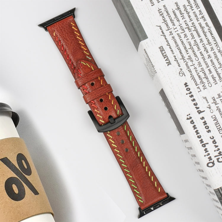 For Apple Watch Series 3 38mm Colorful Sewing Thread Leather Watch Band(Brown) - Watch Bands by PMC TechLife | Online Shopping South Africa | PMC TechLife
