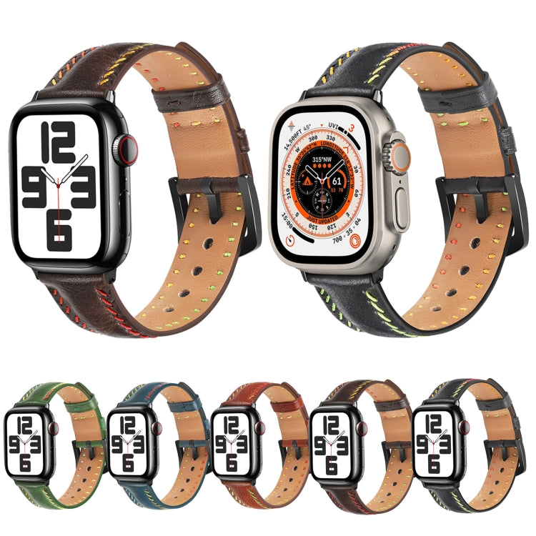 For Apple Watch Series 8 45mm Colorful Sewing Thread Leather Watch Band(Dark Brown) - Watch Bands by PMC Jewellery | Online Shopping South Africa | PMC Jewellery