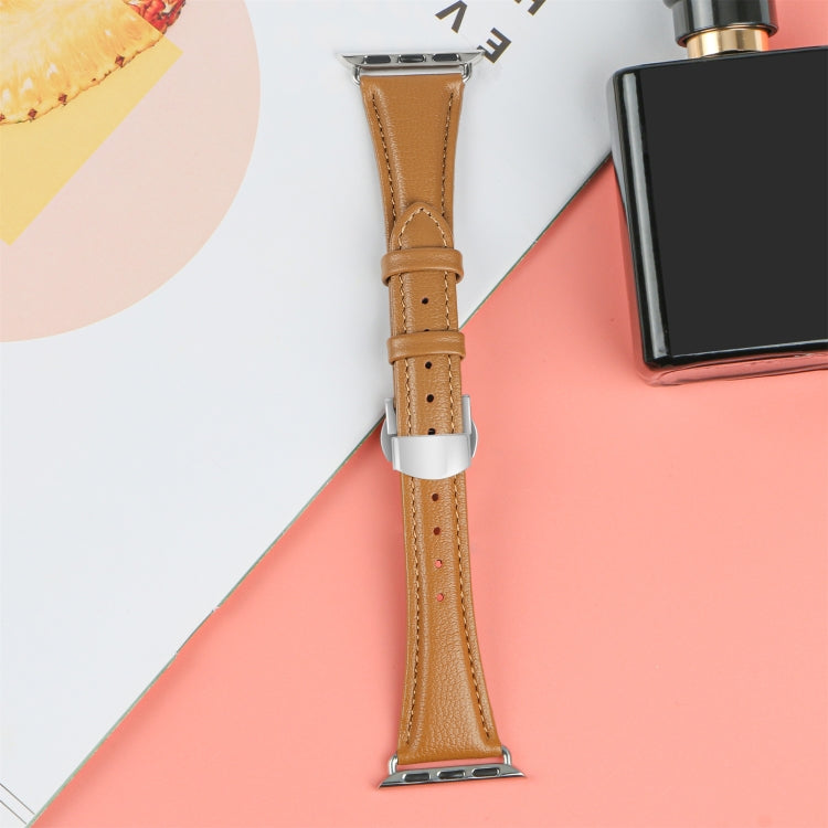 For Apple Watch SE 2023 40mm Plain Leather Butterfly Buckle Watch Band(Brown+Silver) - free shipping - PMC TechLife - Order now!