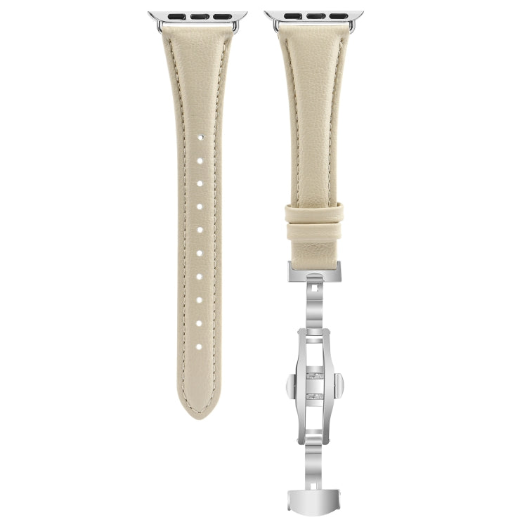 For Apple Watch Series 9 45mm Plain Leather Butterfly Buckle Watch Band(Beige+Silver) - free shipping - PMC TechLife - Order now!