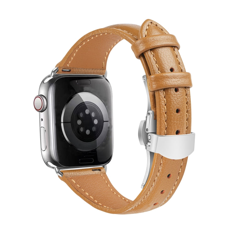 For Apple Watch Series 9 45mm Plain Leather Butterfly Buckle Watch Band(Brown+Silver) - free shipping - PMC TechLife - Order now!