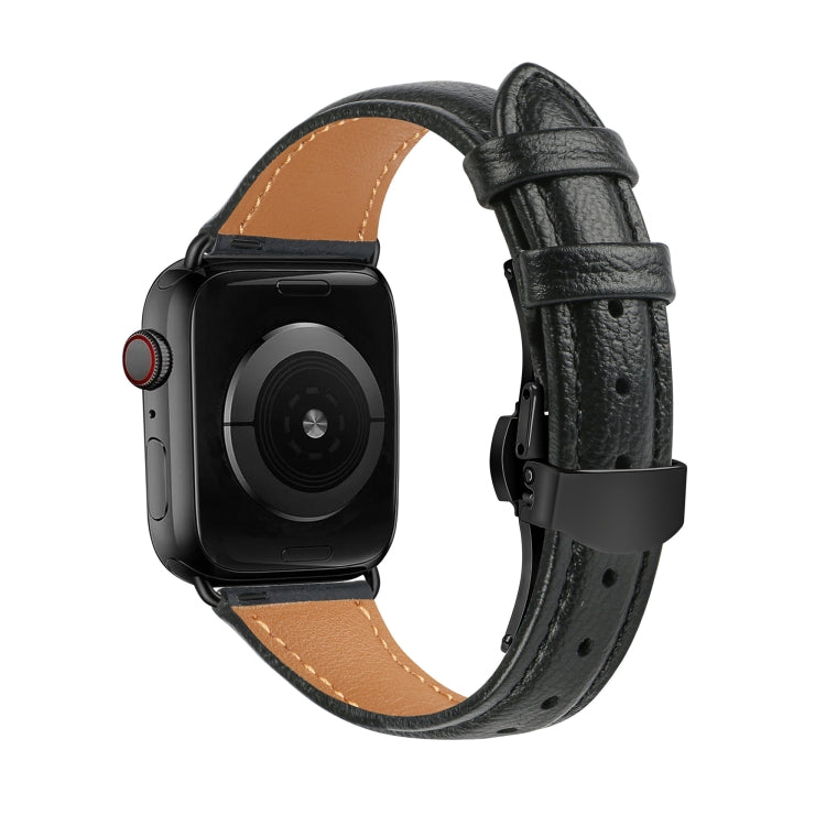 For Apple Watch Series 9 41mm Plain Leather Butterfly Buckle Watch Band(Black+Black) - Watch Bands by PMC TechLife | Online Shopping South Africa | PMC TechLife | Buy Now Pay Later Mobicred