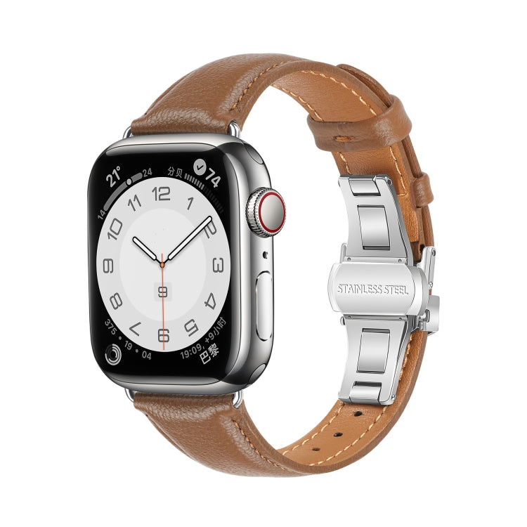For Apple Watch Ultra 49mm Plain Leather Butterfly Buckle Watch Band(Dark Brown+Silver) - free shipping - PMC TechLife - Order now!
