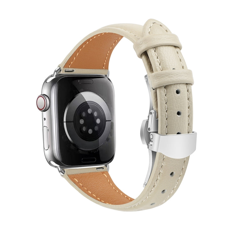 For Apple Watch Series 8 41mm Plain Leather Butterfly Buckle Watch Band(Beige+Silver) - free shipping - PMC TechLife - Order now!