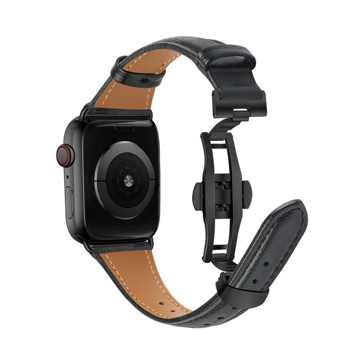 For Apple Watch Series 7 41mm Plain Leather Butterfly Buckle Watch Band(Black+Black) - Watch Bands by PMC TechLife | Online Shopping South Africa | PMC TechLife | Buy Now Pay Later Mobicred
