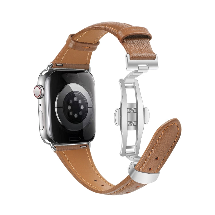 For Apple Watch Series 7 45mm Plain Leather Butterfly Buckle Watch Band(Dark Brown+Silver) - free shipping - PMC TechLife - Order now!