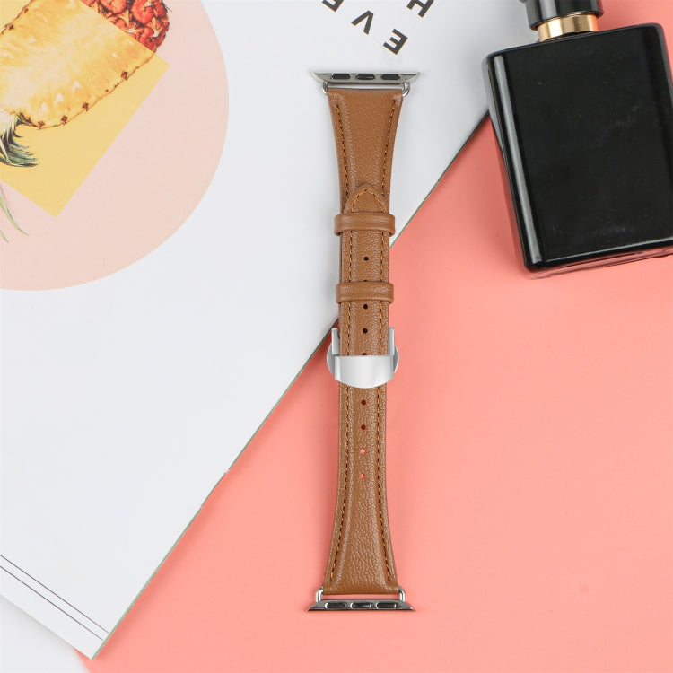For Apple Watch Series 7 45mm Plain Leather Butterfly Buckle Watch Band(Dark Brown+Silver) - free shipping - PMC TechLife - Order now!