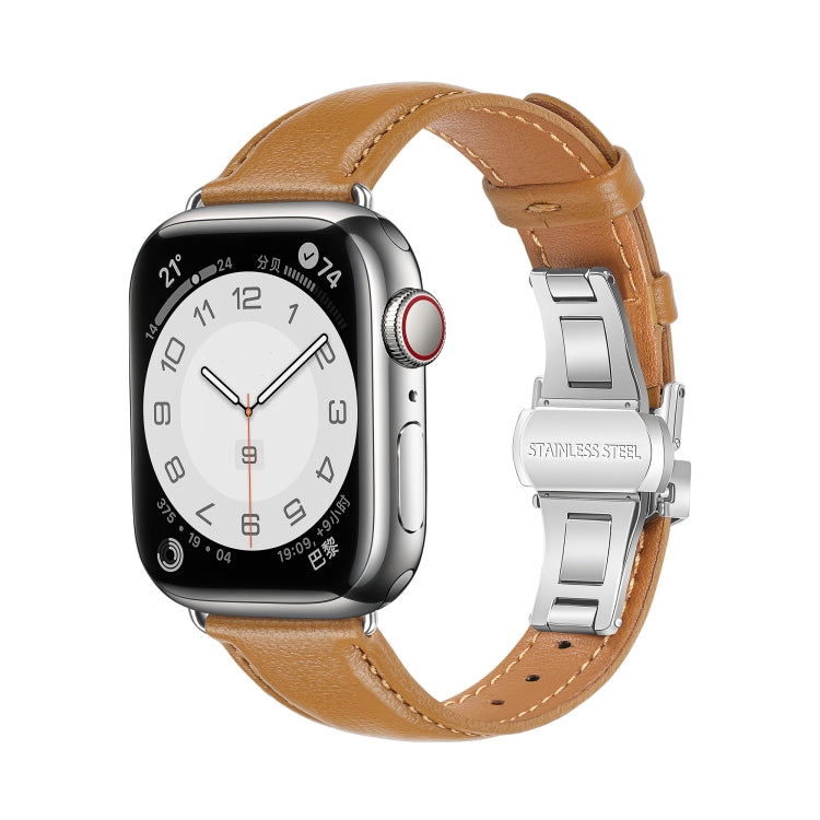 For Apple Watch Series 7 45mm Plain Leather Butterfly Buckle Watch Band(Brown+Silver) - free shipping - PMC TechLife - Order now!