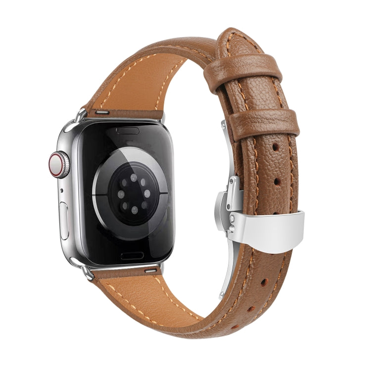 For Apple Watch Series 5 44mm Plain Leather Butterfly Buckle Watch Band(Dark Brown+Silver) - free shipping - PMC TechLife - Order now!