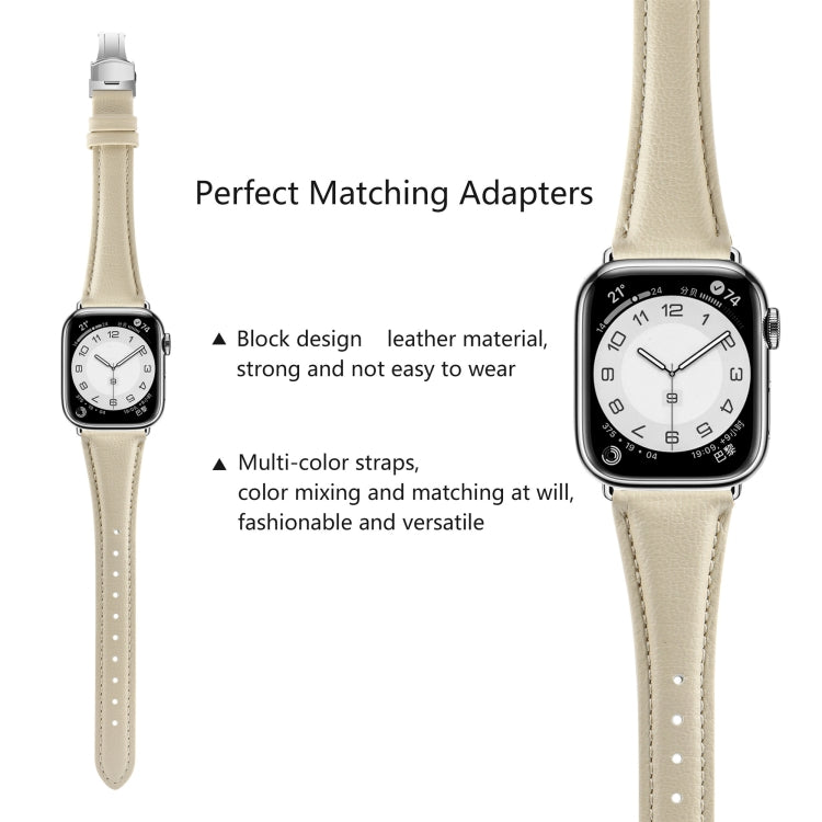 For Apple Watch Series 5 44mm Plain Leather Butterfly Buckle Watch Band(Beige+Silver) - free shipping - PMC TechLife - Order now!