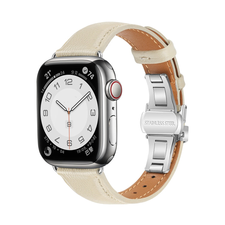 For Apple Watch Series 4 44mm Plain Leather Butterfly Buckle Watch Band(Beige+Silver) - free shipping - PMC TechLife - Order now!