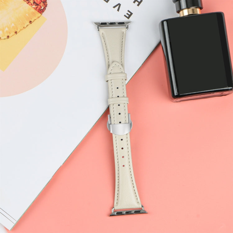 For Apple Watch Series 3 38mm Plain Leather Butterfly Buckle Watch Band(Beige+Silver) - free shipping - PMC TechLife - Order now!