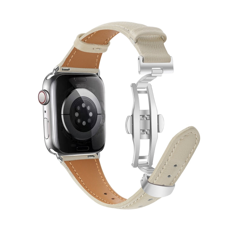 For Apple Watch Series 3 42mm Plain Leather Butterfly Buckle Watch Band(Beige+Silver) - free shipping - PMC TechLife - Order now!