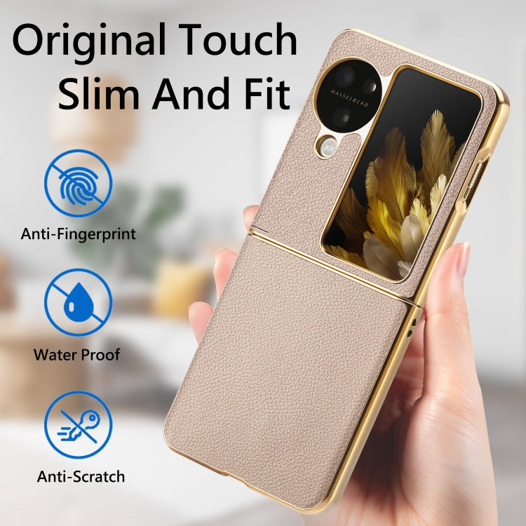 For OPPO Find N3 Flip Litchi Leather Electroplating Shockproof Phone Case(Khaki) - Find N3 Flip Cases by PMC Jewellery | Online Shopping South Africa | PMC Jewellery | Buy Now Pay Later Mobicred
