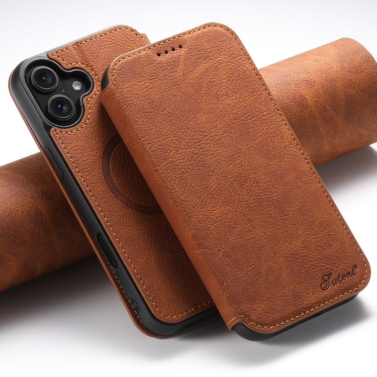 For iPhone 16 Plus Suteni J06 Retro Matte Litchi Texture Leather MagSafe Phone Case(Khaki) - free shipping - PMC Jewellery - Order now!