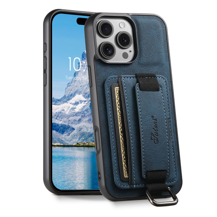 For iPhone 16 Pro Max Suteni H13 Litchi Leather Wrist Strap Wallet Back Phone Case(Blue) - iPhone 16 Pro Max Cases by Suteni | Online Shopping South Africa | PMC Jewellery | Buy Now Pay Later Mobicred