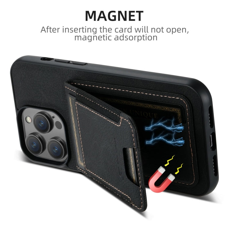 For iPhone 16 Suteni H03 Litchi Leather Card Bag Stand Back Phone Case(Black) - free shipping - PMC Jewellery - Order now!