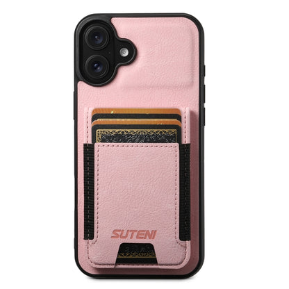 For iPhone 16 Plus Suteni H03 Litchi Leather Card Bag Stand Back Phone Case(Pink) - iPhone 16 Plus Cases by Suteni | Online Shopping South Africa | PMC Jewellery | Buy Now Pay Later Mobicred