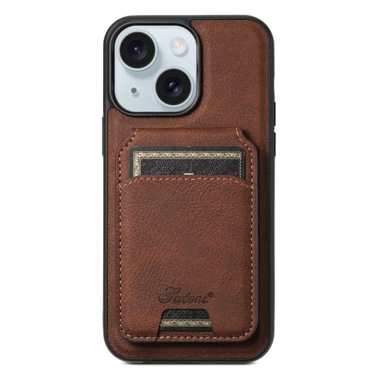 For iPhone 15 Suteni H17 Litchi Texture Leather MagSafe Detachable Wallet Phone Case(Brown) - iPhone 15 Cases by Suteni | Online Shopping South Africa | PMC Jewellery | Buy Now Pay Later Mobicred