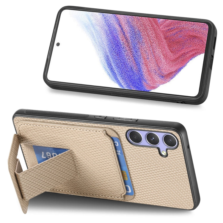 For Samsung Galaxy S25+ 5G Carbon Fiber Card Bag Fold Stand Phone Case(Khaki) - Galaxy S25+ 5G Cases by PMC Jewellery | Online Shopping South Africa | PMC Jewellery | Buy Now Pay Later Mobicred