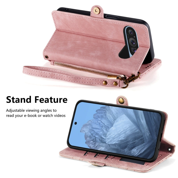 For Google Pixel 9 Geometric Zipper Wallet Side Buckle Leather Phone Case(Pink) - Google Cases by PMC TechLife | Online Shopping South Africa | PMC TechLife | Buy Now Pay Later Mobicred