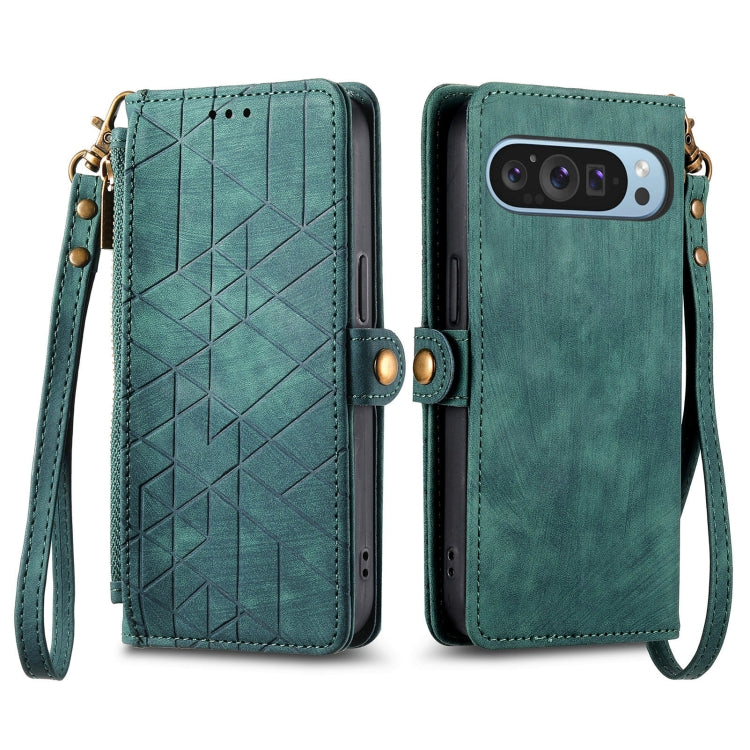 For Google Pixel 9 Geometric Zipper Wallet Side Buckle Leather Phone Case(Green) - Google Cases by PMC Jewellery | Online Shopping South Africa | PMC Jewellery | Buy Now Pay Later Mobicred