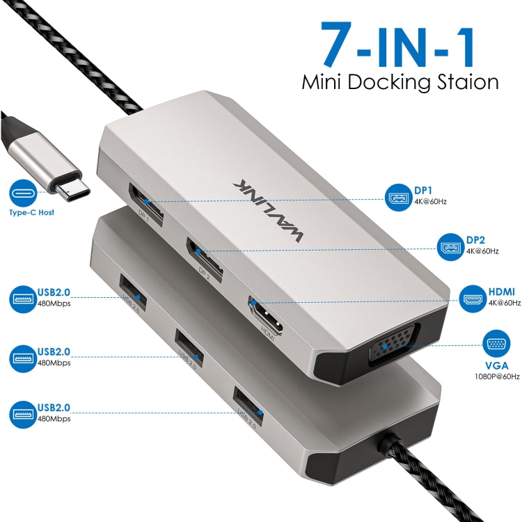 WAVLINK WL-UMD305 7 in 1 4K DP / HDMI Quard Display USB-C Hub Dock Multi-port Adapter - USB HUB by WAVLINK | Online Shopping South Africa | PMC Jewellery | Buy Now Pay Later Mobicred