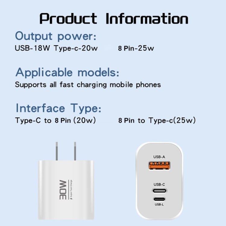 PD30W USB-C / Type-C + 8 Pin + USB Charger with Type-C to 8 Pin Date Cable(UK Plug) - free shipping - PMC Jewellery - Order now!