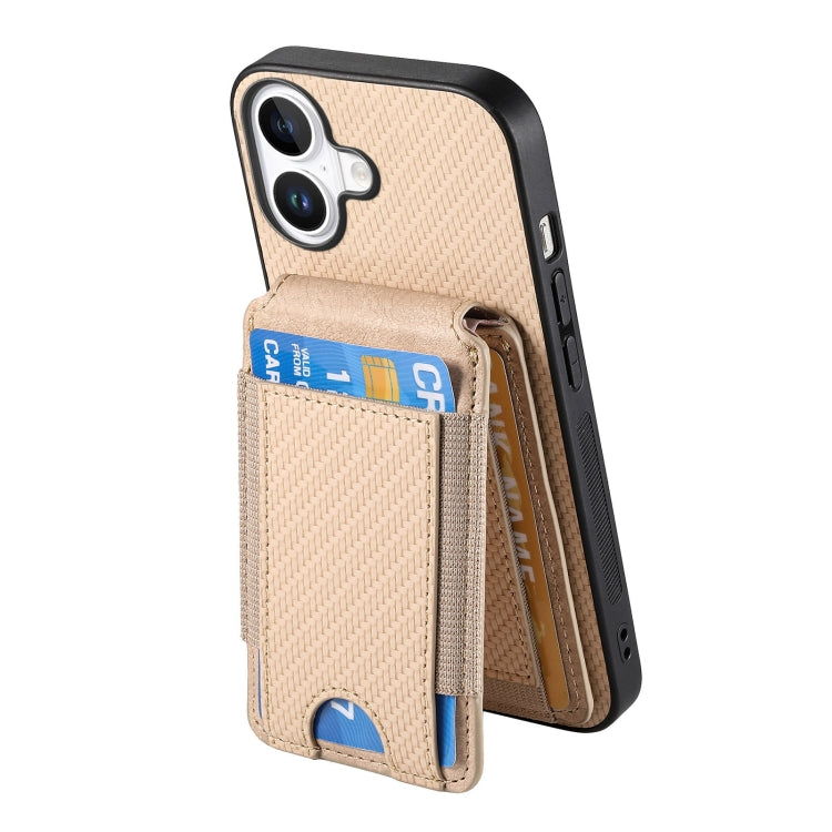 For iPhone 16 Carbon Fiber Vertical Flip Wallet Stand Phone Case(Khaki) - iPhone 16 Cases by PMC Jewellery | Online Shopping South Africa | PMC Jewellery | Buy Now Pay Later Mobicred