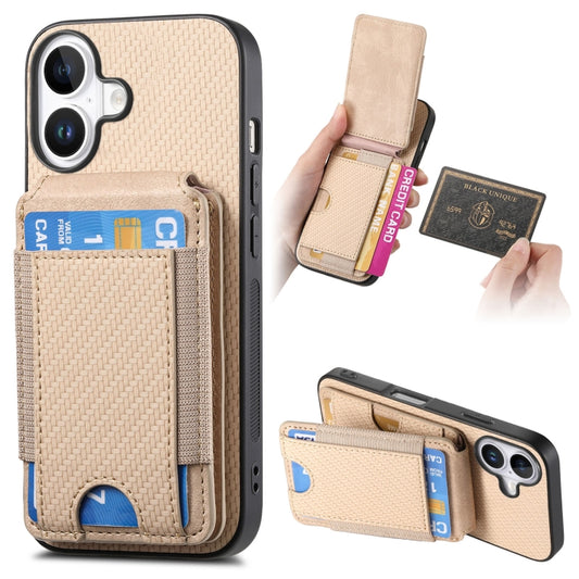 For iPhone 16 Plus Carbon Fiber Vertical Flip Wallet Stand Phone Case(Khaki) - iPhone 16 Plus Cases by PMC Jewellery | Online Shopping South Africa | PMC Jewellery | Buy Now Pay Later Mobicred