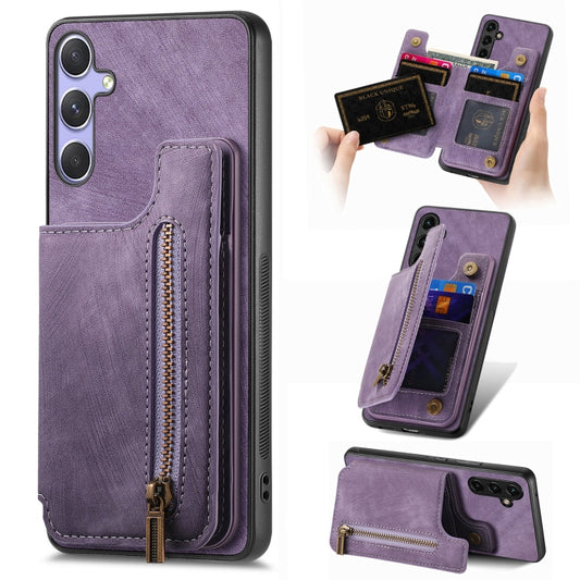 For Samsung Galaxy S25+ 5G Retro Leather Zipper Wallet Back Phone Case(Purple) - Galaxy S25+ 5G Cases by PMC Jewellery | Online Shopping South Africa | PMC Jewellery | Buy Now Pay Later Mobicred