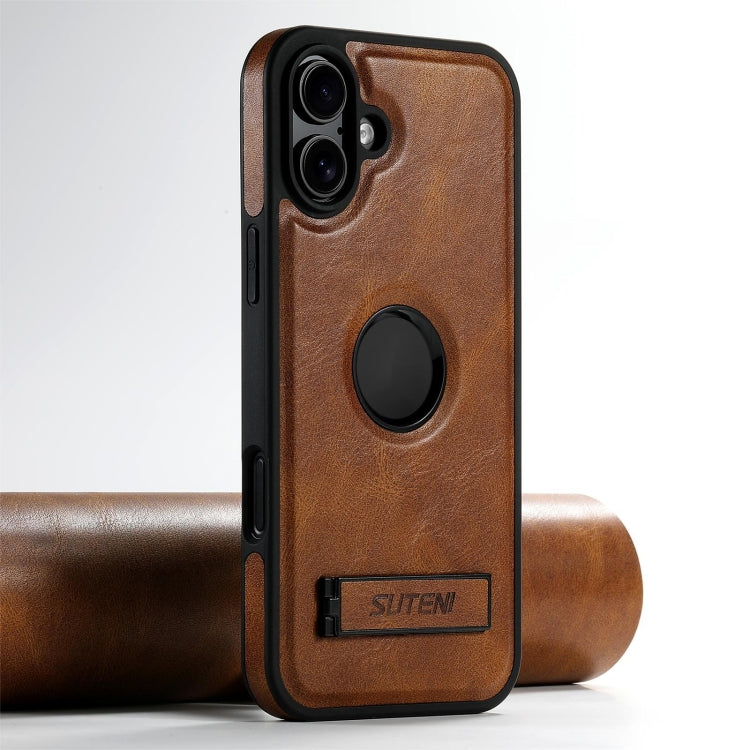 For iPhone 16 Suteni G2 Magsafe Oil Wax Leather Back Phone Case with Holder(Brown) - iPhone 16 Cases by Suteni | Online Shopping South Africa | PMC Jewellery | Buy Now Pay Later Mobicred