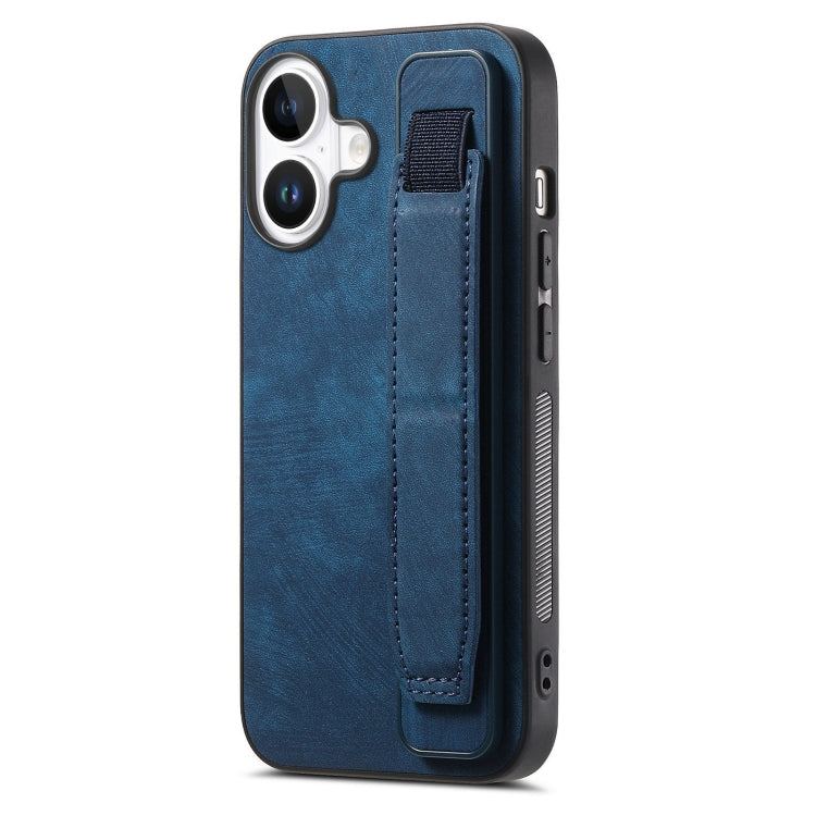 For iPhone 16 Retro Wristband Holder Leather Back Phone Case(Blue) - iPhone 16 Cases by PMC Jewellery | Online Shopping South Africa | PMC Jewellery | Buy Now Pay Later Mobicred