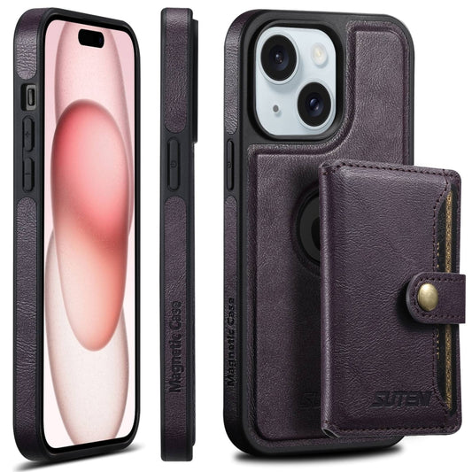 For iPhone 15 Plus Suteni M1 Oil Wax MagSafe Detachable Horizontal Card Bag Phone Case(Purple) - iPhone 15 Plus Cases by Suteni | Online Shopping South Africa | PMC Jewellery | Buy Now Pay Later Mobicred