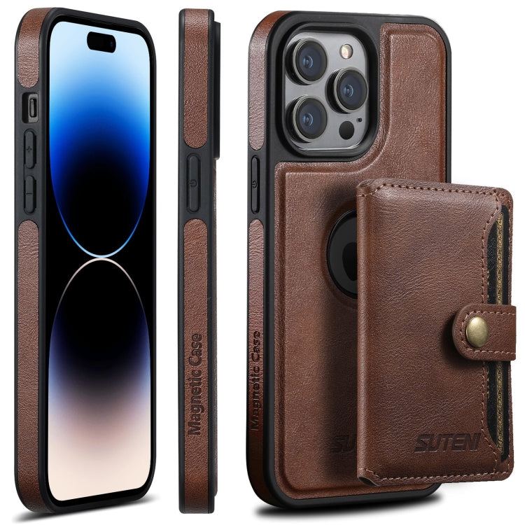 For iPhone 14 Pro Suteni M1 Oil Wax MagSafe Detachable Horizontal Card Bag Phone Case(Brown) - iPhone 14 Pro Cases by Suteni | Online Shopping South Africa | PMC Jewellery | Buy Now Pay Later Mobicred